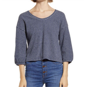 Madewell Wild Ginger Striped Shirt Women's Size M Puffed Mid Sleeve U Neck Top